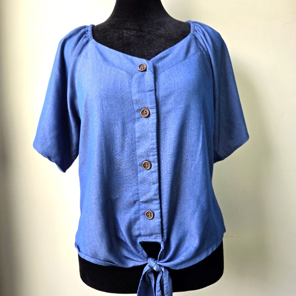 Ava James Women's Blue Chambray Denim Tie Feont Top Small